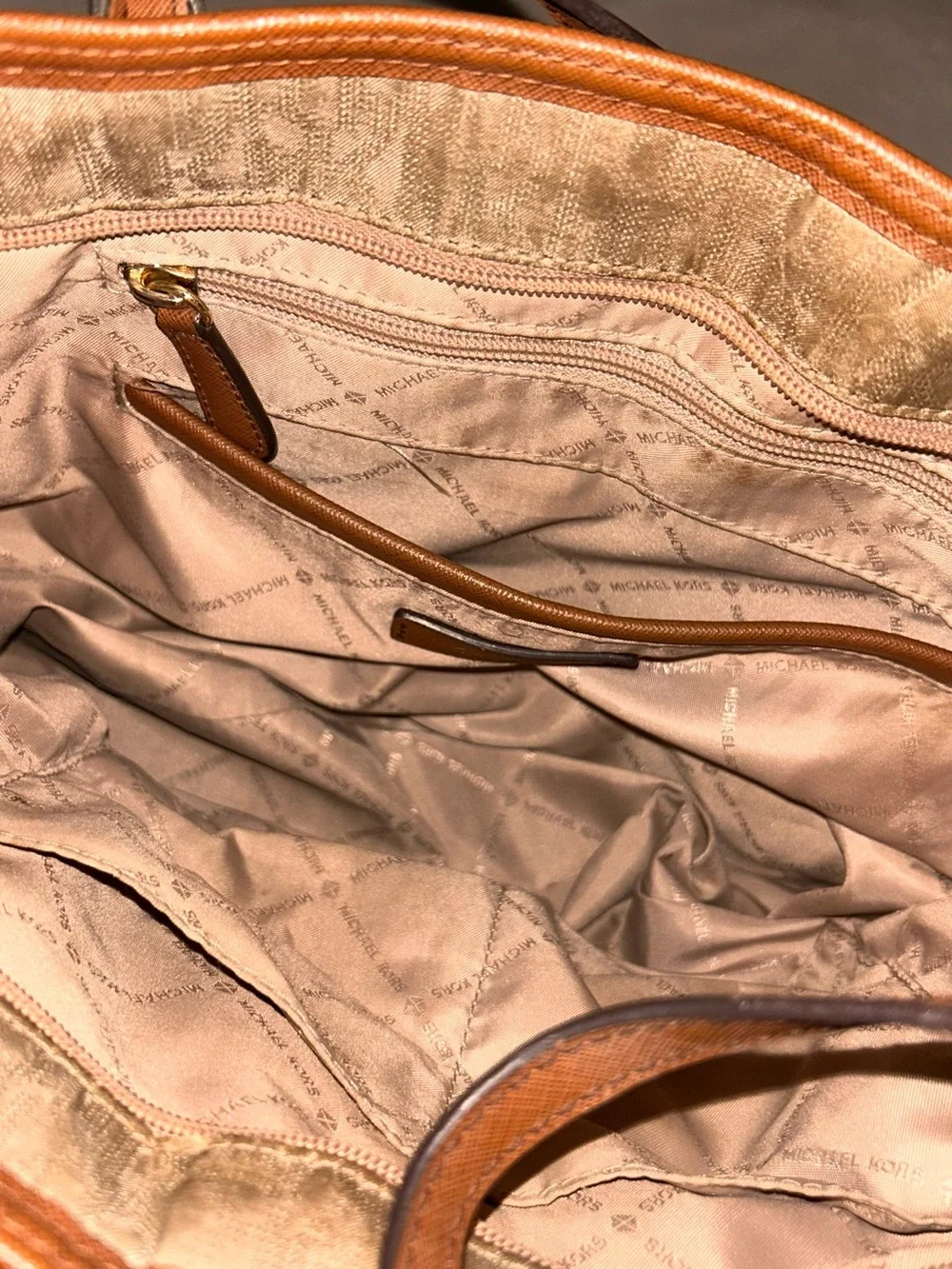 Michael Kors Gold Champagne Tote with Brown Trim and Logo Jacquard